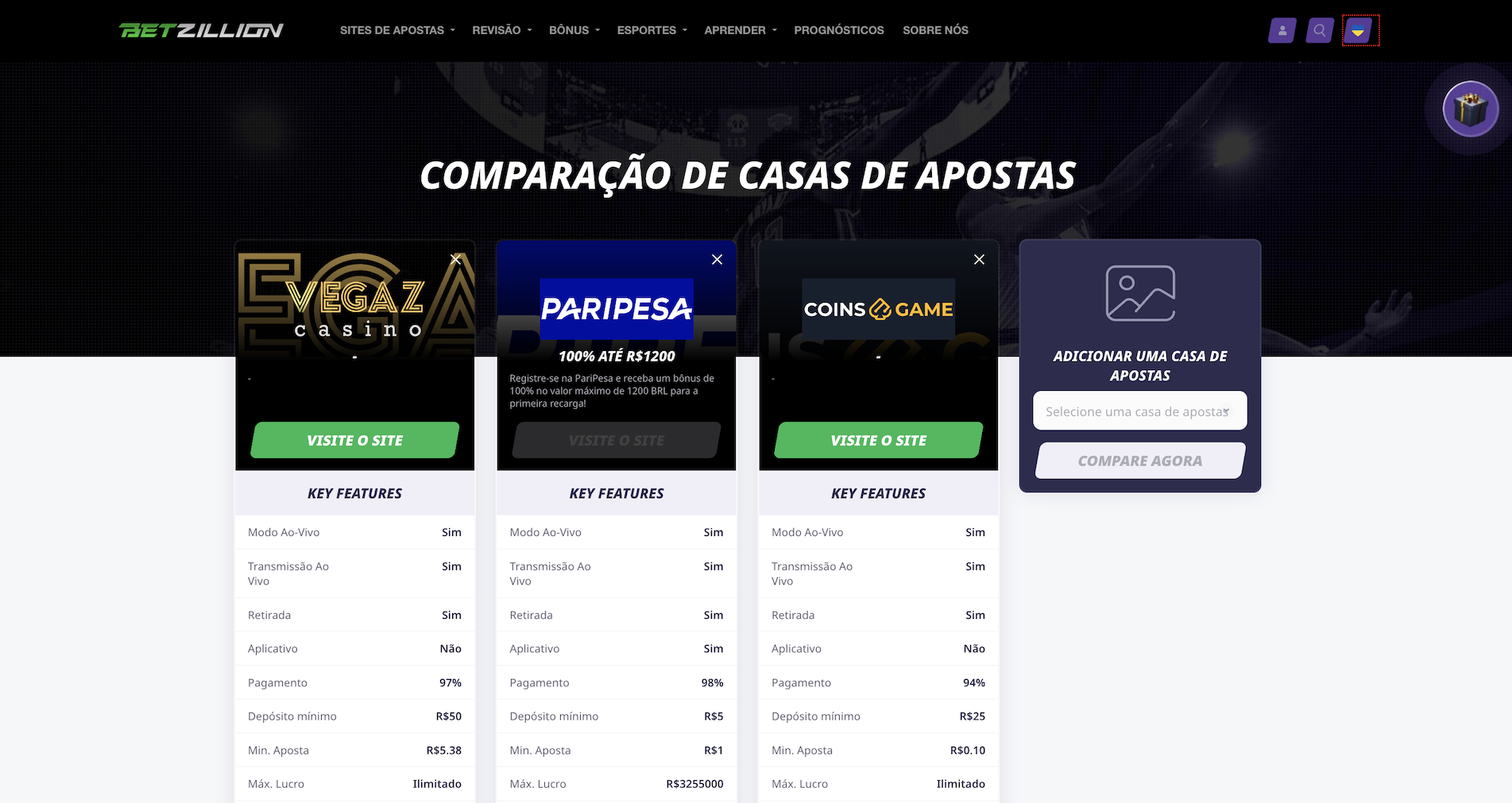 Ferramenta de comparação de sites de apostas esportivas
